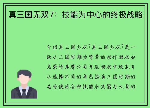 真三国无双7:技能为中心的终极战略 真三国无双7:技能为中心的终极战略